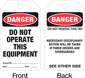 Image of Product. Front orientation. Contains Annotated, MultipleImages. Tags. Lockout/Tagout Tags, Danger—Do Not Operate This Equipment, Danger—Do Not Remove This Tag.