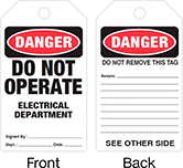 Image of Product. Front orientation. Contains Annotated, MultipleImages. Tags. Lockout/Tagout Tags, Danger—Do Not Operate Electrical Department, Danger—Do Not Remove This Tag.
