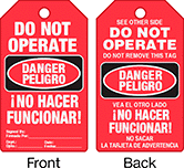 Image of Product. Front orientation. Contains Annotated, MultipleImages. Tags. Lockout/Tagout Tags, Danger—Do Not Operate/Peligro—No Hacer Funcionar, Danger—Do Not Operate Do Not Remove This Tag/Peligro—No Hacer Funcionar No Sacar La Tarjeta de Advertencia, Red—Standard Visibility.