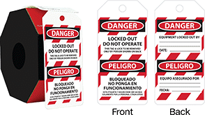 Image of Product. Front orientation. Contains Annotated, MultipleImages. Tags. Lockout/Tagout Tags, Danger—Equipment Locked Out By/Peligro—Equipo Asegurado Por, Danger—Locked Out Do Not Operate/Peligro—Bloqueado No Ponga En Funcionamiento.