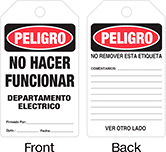 Image of Product. Front orientation. Contains Annotated, MultipleImages. Tags. Lockout/Tagout Tags, Peligro—No Remover Esta Etiqueta, Peligro—No hacer funcionar departamento electrico.