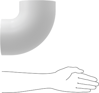 Image of Product. Side1 orientation. Contains SizingReference. PVC Pipe Insulation Jacketing, 90 Degree Elbow, for 3-1/8" Insulation OD.