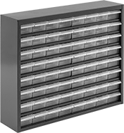 Image of Product. 64 Drawers. Front orientation. Cabinets. Small-Parts Cabinets with Plastic Drawers, Painted Steel—Assembled, 64 Drawers.