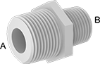 Image of Product. NPT Male × NPT Male. Front orientation. Contains Annotated. Pipe and Fittings. Crack-Resistant PFA Pipe Fittings for Harsh Chemicals, Straight Reducers, Male, Threaded Fitting Connection, Hex Body.
