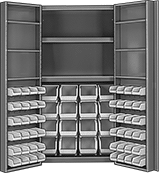 Image of Product. 64 Bins. Front orientation. Cabinets. Heavy Duty Bin-Box Cabinets with Shelves, Stationary, Assembled, Total of 64 Bins.
