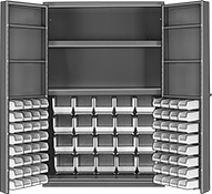 Image of Product. 84 Bins. Front orientation. Cabinets. Heavy Duty Bin-Box Cabinets with Shelves, Stationary, Assembled, Total of 84 Bins.