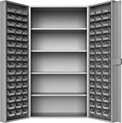 Image of Product. 96 Bins. Front orientation. Cabinets. Heavy Duty Bin-Box Cabinets with Shelves, Stationary, Assembled, Total of 96 Bins.