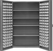 Image of Product. 128 Bins. Front orientation. Cabinets. Heavy Duty Bin-Box Cabinets with Shelves, Stationary, Assembled, Total of 128 Bins.
