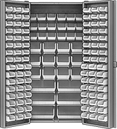 Image of Product. 132 Bins. Front orientation. Cabinets. Heavy Duty Bin-Box Cabinets, Stationary, Assembled, Total of 132 Bins.