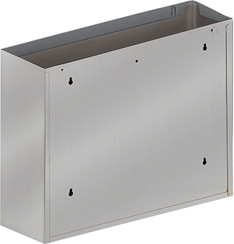 Image of Product. Back orientation. Stainless Steel Wall-Mount Trash Can, Rectangular, 2 Gallon Capacity.