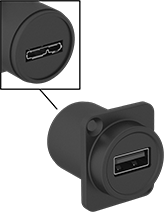 Image of Product. Front orientation. Contains Inset, MultipleImages. USB Connectors. Panel-Mount USB Adapters, Straight USB-A Female (Outside Connection) × Micro USB-AB Female (Inside Connection).