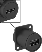 Image of Product. Front orientation. Contains Inset, MultipleImages. USB Connectors. Panel-Mount USB Adapters, Straight Micro USB-AB Female (Outside Connection) × USB-A Female (Inside Connection).