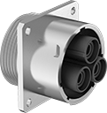 Image of Product. Front. Front orientation. Ecomate Connectors. Vibration-Resistant High-Current Ecomate Connectors, Female Panel-Mount Crimp-On Receptacles—External Housing Lock.