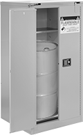 Image of ProductInUse. For 1 Drum. Front orientation. Cabinets. Safety Cabinets for Vertical Storage of Flammables in 55-Gallon Drums, Full-Height with Vertical Storage—Assembled, Hinged Door, 2 Doors, Maximum of 1 55-Gallon Drum per Cabinet.