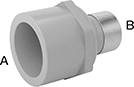 Image of Product. Female × Female (Front). Front orientation. Contains Annotated. Pipe and Fittings. CPVC Pipe Fittings for Chemicals, Bushing Straight Reducing Adapters with Collar, Female, Threaded Fitting Connection, Cement-Socket Fitting Connection, Hex Body.