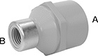 Image of Product. Female × Female (Back). Back orientation. Contains Annotated. Pipe and Fittings. CPVC Pipe Fittings for Chemicals, Bushing Straight Reducing Adapters with Collar, Female, Threaded Fitting Connection, Cement-Socket Fitting Connection, Hex Body.