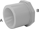 Image of Product. Male × Female (Front). Front orientation. Contains Annotated. Pipe and Fittings. CPVC Pipe Fittings for Chemicals, Bushing Straight Reducing Adapters with Collar, Cement-Socket Fitting Connection, Female, Male, Threaded Fitting Connection, Hex Body.
