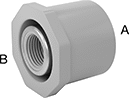 Image of Product. Male × Female (Back). Back orientation. Contains Annotated. Pipe and Fittings. CPVC Pipe Fittings for Chemicals, Bushing Straight Reducing Adapters with Collar, Cement-Socket Fitting Connection, Female, Male, Threaded Fitting Connection, Hex Body.