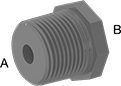 Image of Product. Front orientation. Contains Annotated. Pipe and Fittings. CPVC Pipe Fittings for Chemicals, Bushing Straight Reducing Adapters, Male, Threaded Fitting Connection, Female, Hex Body.