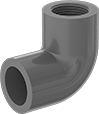Image of Product. Cement Socket Female × NPT Female. Front orientation. Pipe and Fittings. CPVC Pipe Fittings for Chemicals, 90° Elbow Adapters, Female, Threaded Fitting Connection, Cement-Socket Fitting Connection.