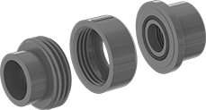 Image of Product. Cement Socket Female × NPT Female. Front orientation. Exploded view. Pipe and Fittings. CPVC Pipe Fittings for Chemicals, Union Straight Adapters, Female, Threaded Fitting Connection, Cement-Socket Fitting Connection.