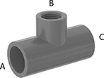 Image of Product. Cement Socket Female × NPT Female × Cement Socket Female. Front orientation. Contains Annotated. Pipe and Fittings. CPVC Pipe Fittings for Chemicals, Inline Tee Reducing Adapters, Cement-Socket Fitting Connection, Female, Threaded Fitting Connection.