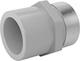 Image of Product. Front. Front orientation. Pipe and Fittings. CPVC Pipe Fittings for Chemicals, Straight Adapters with Collar, Female, Threaded Fitting Connection, Cement-Socket Fitting Connection, Hex Body.