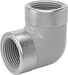Image of Product. NPT Female. Front orientation. Pipe and Fittings. CPVC Pipe Fittings for Chemicals, Short 90° Elbow Connectors with Collar, Threaded Fitting Connection, Female.