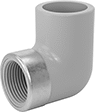 Image of Product. Cement Socket Female × NPT Female. Front orientation. Pipe and Fittings. CPVC Pipe Fittings for Chemicals, 90° Elbow Adapters with Collar, Female, Threaded Fitting Connection, Cement-Socket Fitting Connection.