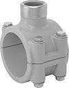 Image of Product. NPT Female × Clamp On. Front orientation. Pipe and Fittings. CPVC Pipe Fittings for Chemicals, Saddle Tap Tees with Gasket, Clamp-On Fitting Connection, Threaded Fitting Connection, Female.