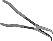 Image of Product. Front orientation. Long-Nose Pliers. Extended-Reach Bent-Nose Pliers, Standard Nose with Combination Jaw, Cushion Grip, 45° Jaw Bend.