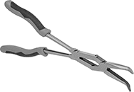 Image of Product. Front orientation. Long-Nose Pliers. Extended-Reach Bent-Nose Pliers, Standard Nose with Flat Jaw, Ultra Grip, 45° Jaw Bend.