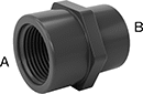 Image of Product. NPT Female × NPT Female. Front orientation. Contains Annotated. Pipe and Fittings. Thick-Wall Plastic Pipe Fittings for Water, Straight Reducers, Female, Threaded Fitting Connection.