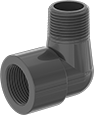 Image of Product. NPT Female × NPT Male. Front orientation. Pipe and Fittings. Thick-Wall Plastic Pipe Fittings for Water, 90° Elbow Adapters, Male, Female, Threaded Fitting Connection.