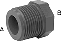 Image of Product. NPT Male × NPT Female. Front orientation. Contains Annotated. Pipe and Fittings. Thick-Wall Plastic Pipe Fittings for Water, Bushing Straight Reducing Adapters, Male, Threaded Fitting Connection, Female, Hex Body.