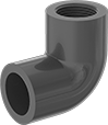 Image of Product. Cement Socket Female × NPT Female. Front orientation. Pipe and Fittings. Thick-Wall Plastic Pipe Fittings for Water, 90° Elbow Adapters, Female, Threaded Fitting Connection, Cement-Socket Fitting Connection.