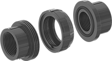 Image of Product. NPT Female. Front orientation. Exploded view. Pipe and Fittings. Thick-Wall Plastic Pipe Fittings for Water, Union Straight Connectors, Threaded Fitting Connection, Female.