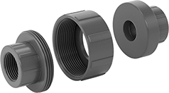 Image of Product. Back orientation. Exploded view. Pipe and Fittings. Thick-Wall Plastic Pipe Fittings for Water, Union Straight Adapters, Female, Threaded Fitting Connection, Cement-Socket Fitting Connection.