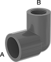 Image of Product. Cement Socket Female. Front orientation. Contains Annotated. Pipe and Fittings. Thick-Wall Plastic Pipe Fittings for Water, 90° Elbow Reducing Adapters, Female, Threaded Fitting Connection, Cement-Socket Fitting Connection.
