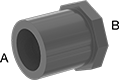 Image of Product. Cement Socket Male × NPT Female. Front orientation. Contains Annotated. Pipe and Fittings. Thick-Wall Plastic Pipe Fittings for Water, Bushing Straight Reducing Adapters, Cement-Socket Fitting Connection, Female, Male, Threaded Fitting Connection, Hex Body.