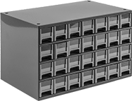Image of Product. 28 Drawers. Front orientation. Cabinets. Stackable Small-Parts Cabinets with Plastic Drawers, Painted Steel with Label Holders—Assembled, 28 Drawers.