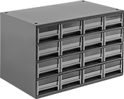 Image of Product. 16 Drawers. Front orientation. Cabinets. Stackable Small-Parts Cabinets with Plastic Drawers, Painted Steel with Label Holders—Assembled, 16 Drawers.