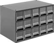 Image of Product. 15 Drawers. Front orientation. Cabinets. Stackable Small-Parts Cabinets with Plastic Drawers, Painted Steel with Label Holders—Assembled, 15 Drawers.