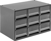 Image of Product. 9 Drawers. Front orientation. Cabinets. Stackable Small-Parts Cabinets with Plastic Drawers, Painted Steel with Label Holders—Assembled, 9 Drawers.