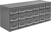 Image of Product. 18 Drawers (6 x 3) with Label Holders. Front orientation. Cabinets. Stackable Small-Parts Cabinets, Painted Steel with Label Holders—Assembled, 18 Drawers, 6, 3.