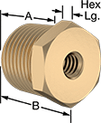 Image of Product. Front orientation. Contains Annotated. Thread Adapters. Inch-to-NPT Male-Female Hex Thread Adapters with Through Hole, Brass.