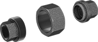 Image of System. NPT Female (Exploded View). Front orientation. Exploded view. Pipe and Fittings. Medium-Pressure Iron and Steel Threaded Pipe Fittings, Union Straight Connectors, Threaded Fitting Connection, Female, Hex Body.