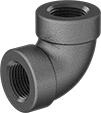 Image of Product. NPT Female. Front orientation. Pipe and Fittings. Medium-Pressure Iron and Steel Threaded Pipe Fittings, 90° Elbow Connectors, Threaded Fitting Connection, Female.