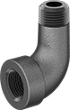 Image of Product. NPT Female × NPT Male. Front orientation. Pipe and Fittings. Medium-Pressure Iron and Steel Threaded Pipe Fittings, 90° Elbow Adapters, Male, Female, Threaded Fitting Connection.