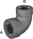 Image of Product. NPT Female × NPT Female. Front orientation. Contains Annotated. Pipe and Fittings. Medium-Pressure Iron and Steel Threaded Pipe Fittings, 90° Elbow Reducers, Female, Threaded Fitting Connection.